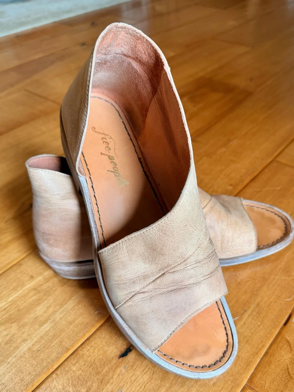 Free People Tan Leather Open-Toe Slide Sandals